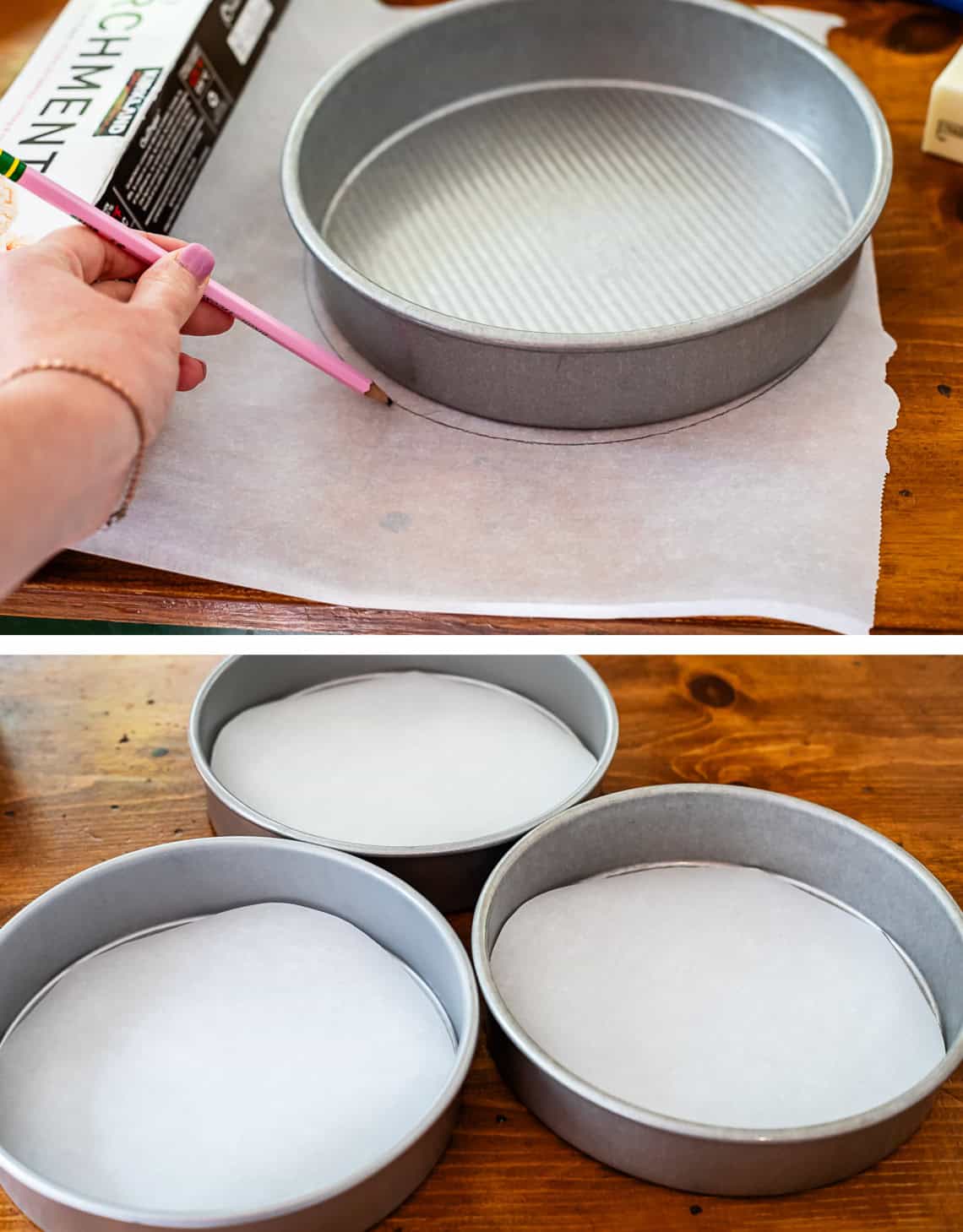 top: pencil tracing around cake pan on parchment paper; bottom: three lined pans.