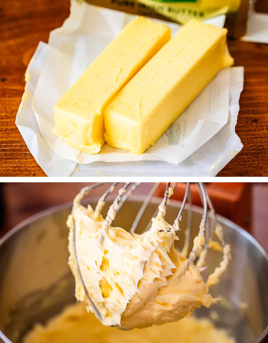 top: two unwrapped sticks of softened butter sitting on their paper.