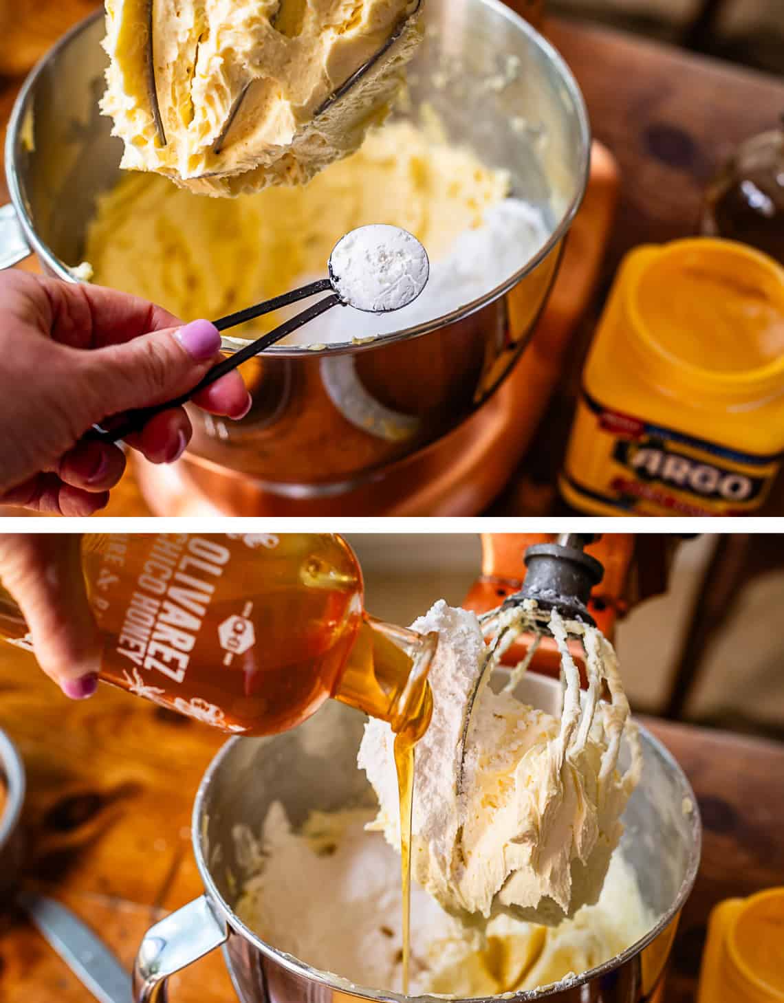 top: adding in cornstarch to mixing bowl; bottom: pouring honey into mixing bowl.