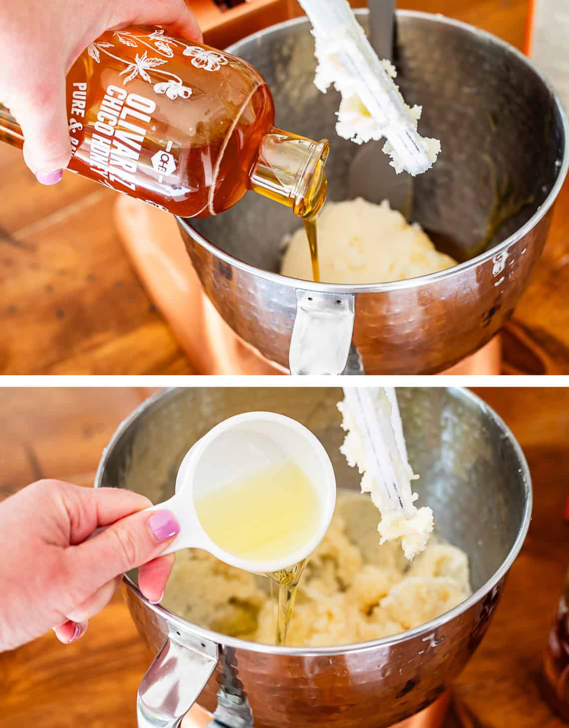 top: adding honey to metal mixing bowl; bottom: adding oil to same mixing bowl.