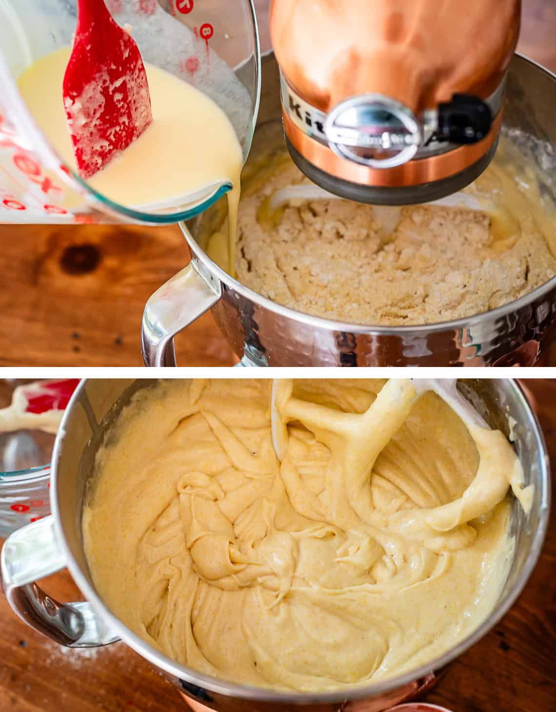top: wet ingredients pouring into mixing bowl from a glass measuring cup; bottom: all mixed in.