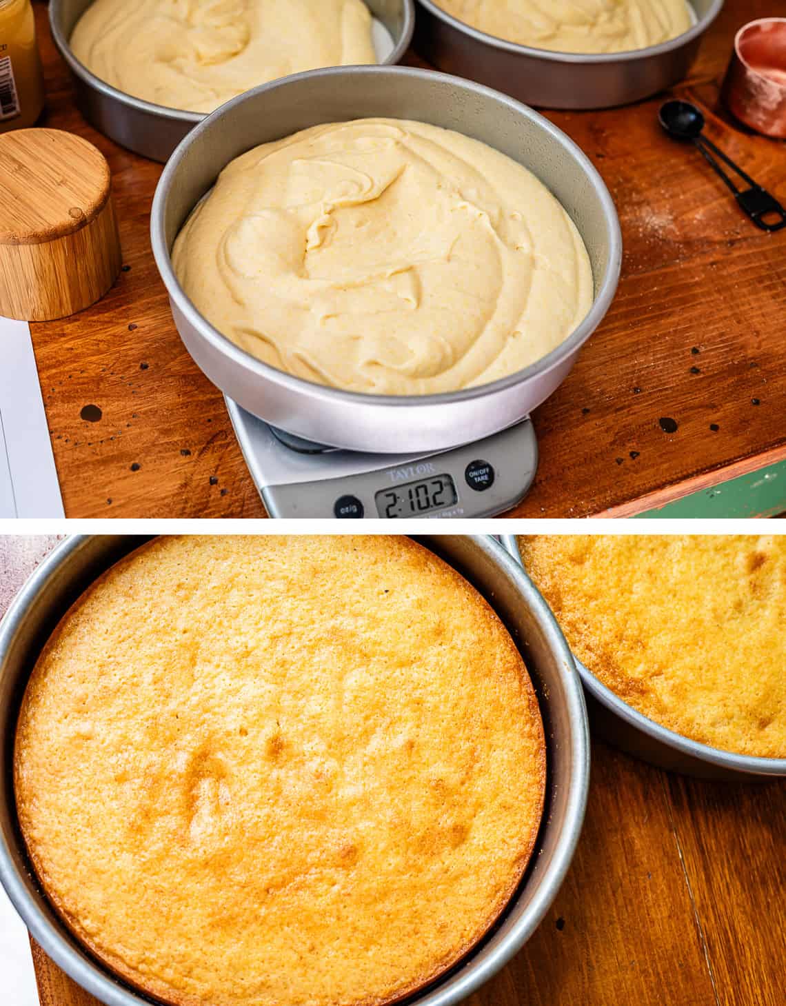 top: cake batter in pan getting weighed on kitchen scale; bottom: baked cake in pan.