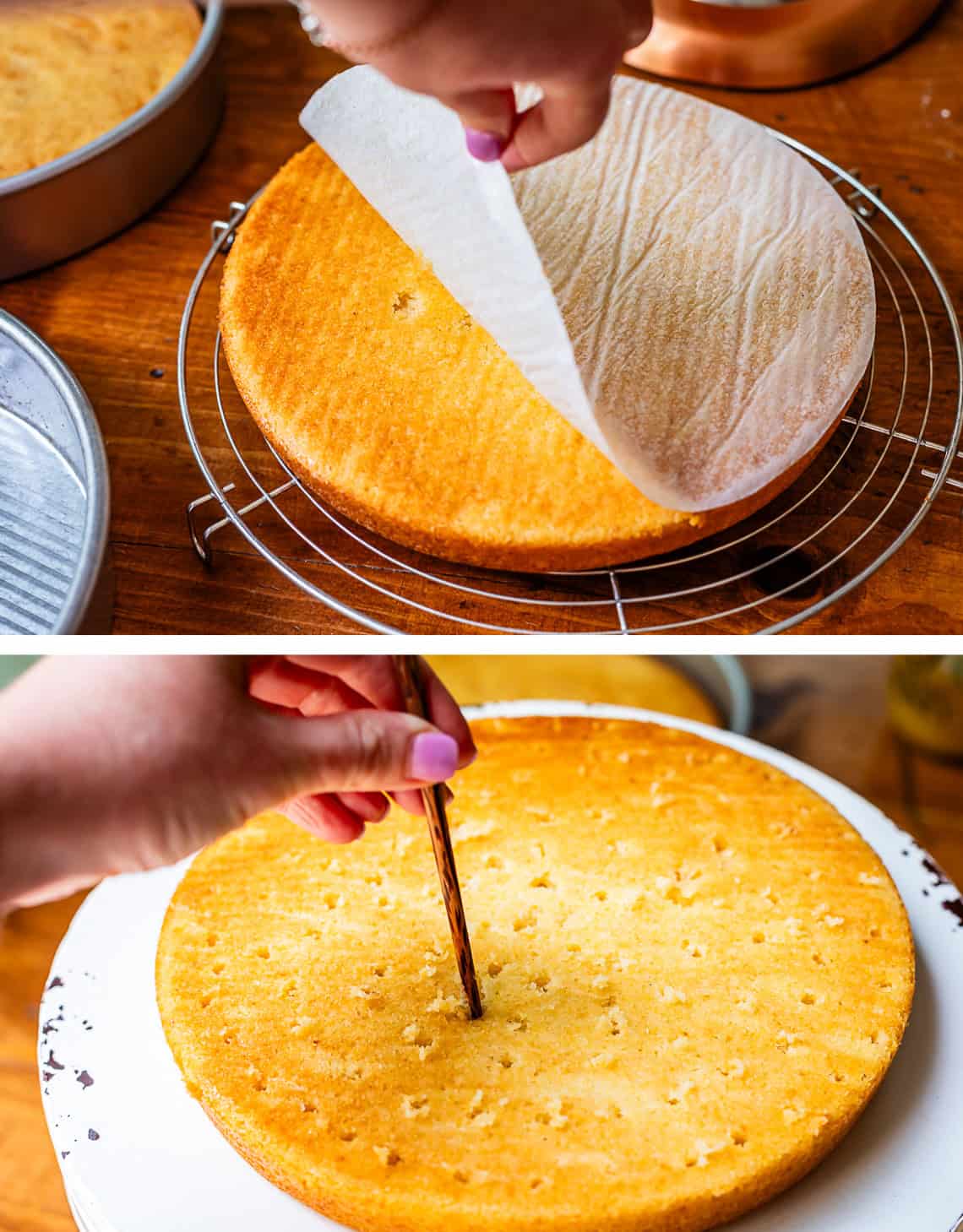 top: hand peeling parchment paper off cake; bottom: hand poking holes in it with chopstick.