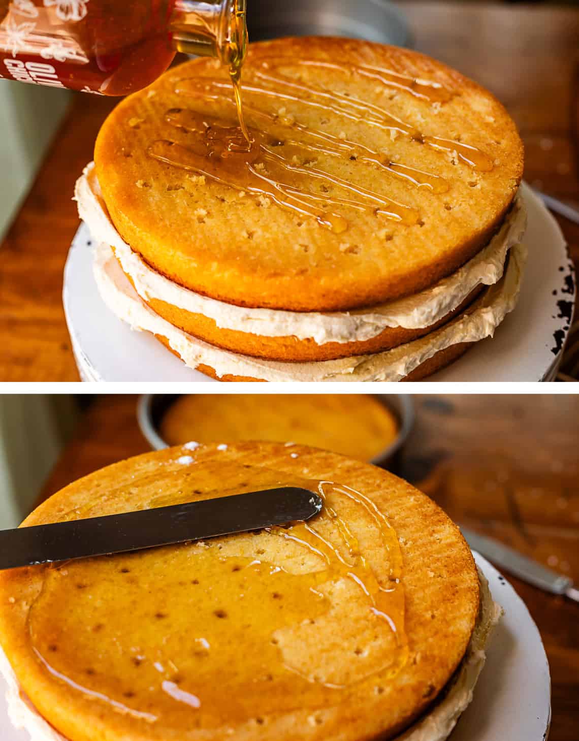 top: honey pouring over cake with holes; bottom: spatula spreading honey into the holes.