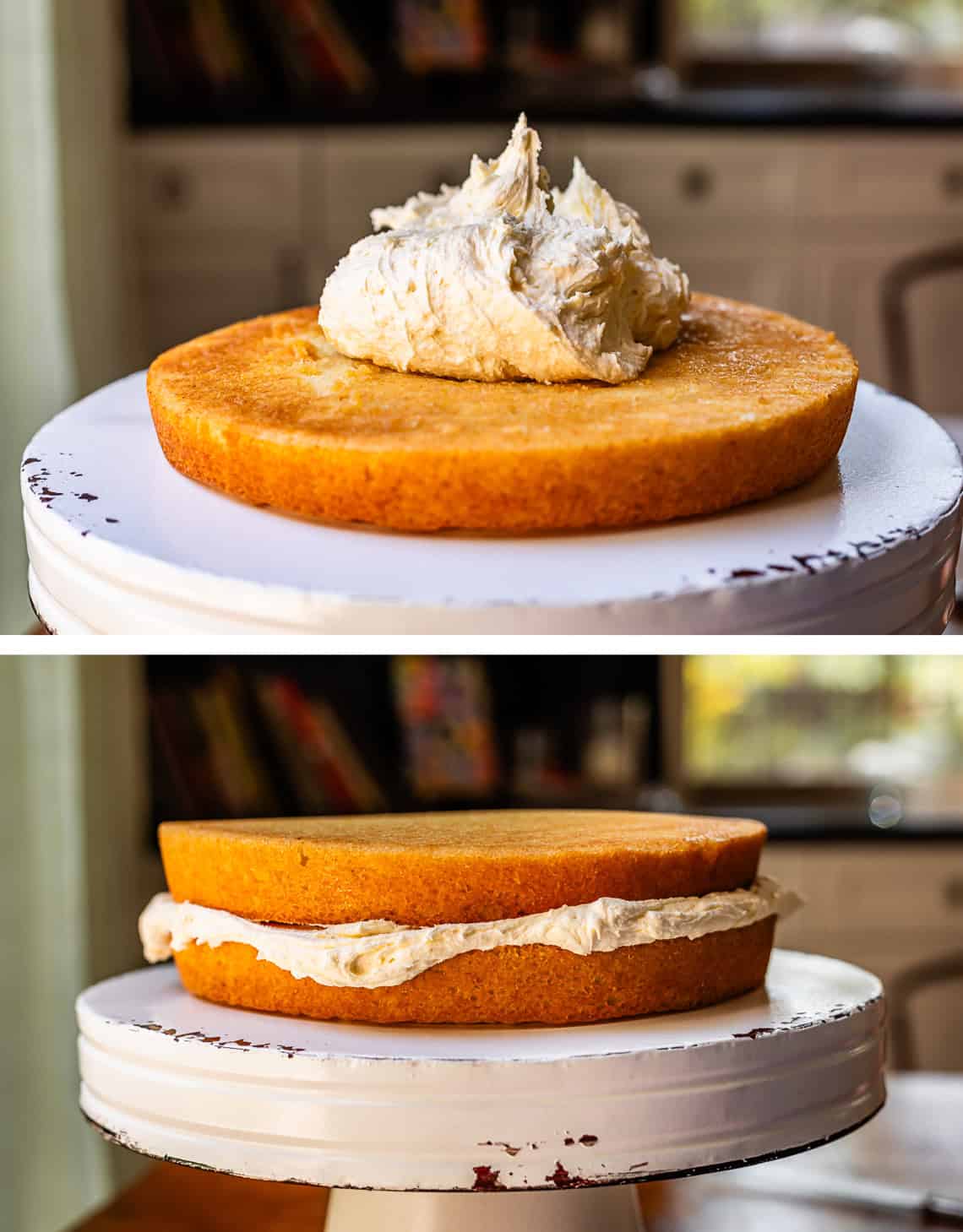 top: dollop of frosting on first cake layer; bottom: 2nd layer added and frosting squishing out.