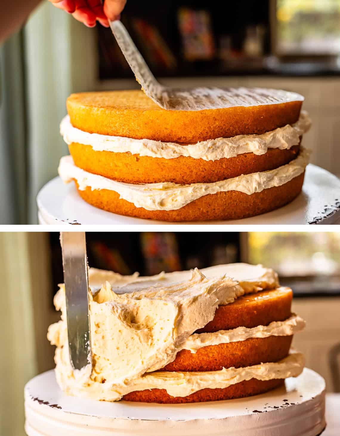 top: peeling paper off third layer of cake; bottom: spatula spreading frosting around all 3 layers.