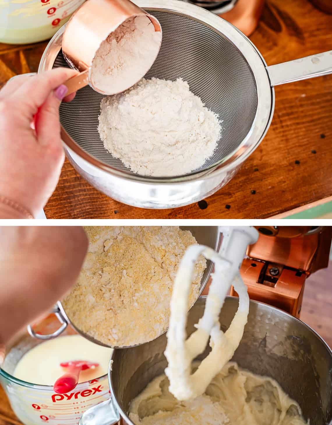 Add flour ro a strainer to be sifted, adding dry ingredients to wet ingredients to make a cake.