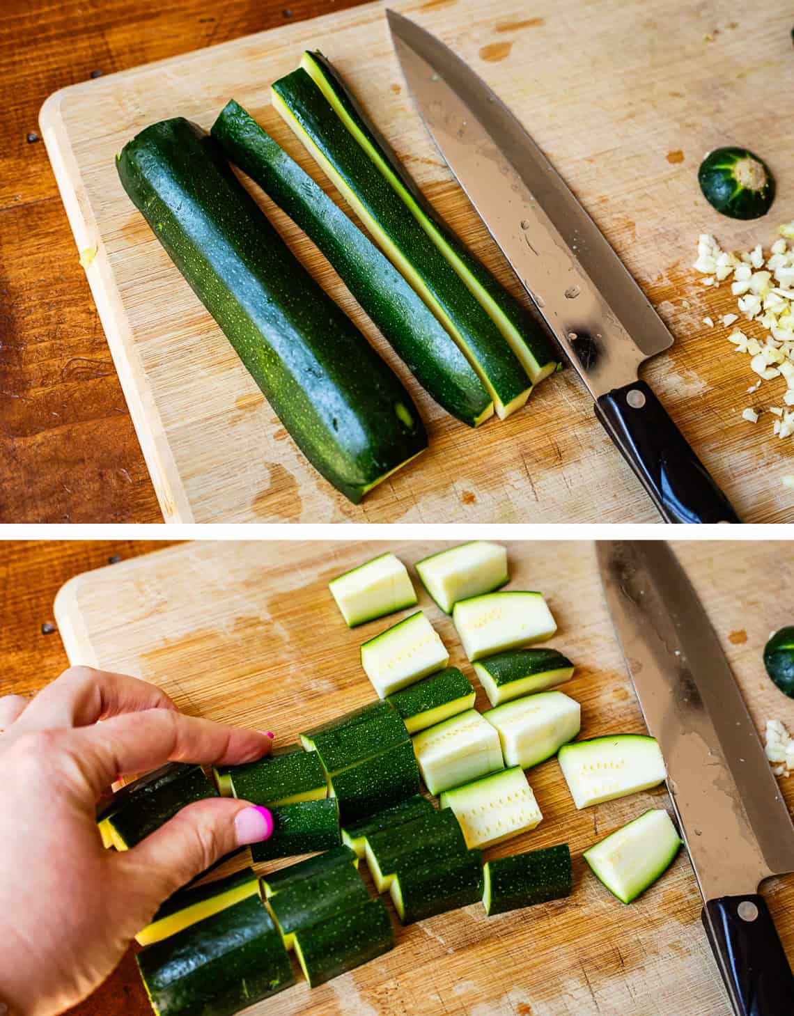 top: zucchini cut in strips on cutting board; bottom: strips cut into pieces.