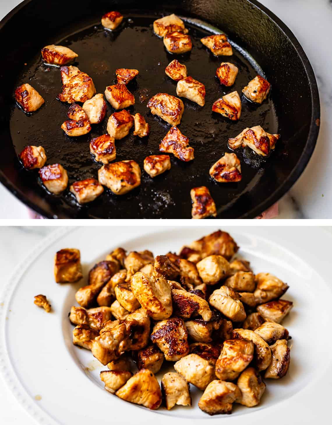 top: bites of chicken searing in a cast iron skillet; bottom: all cooked chicken on a plate.