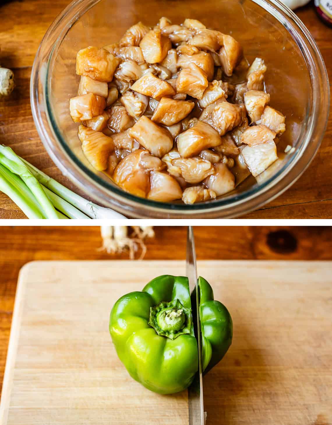 top: glass bowl with chicken marinating in it; bottom: a knife slicing a bell pepper.