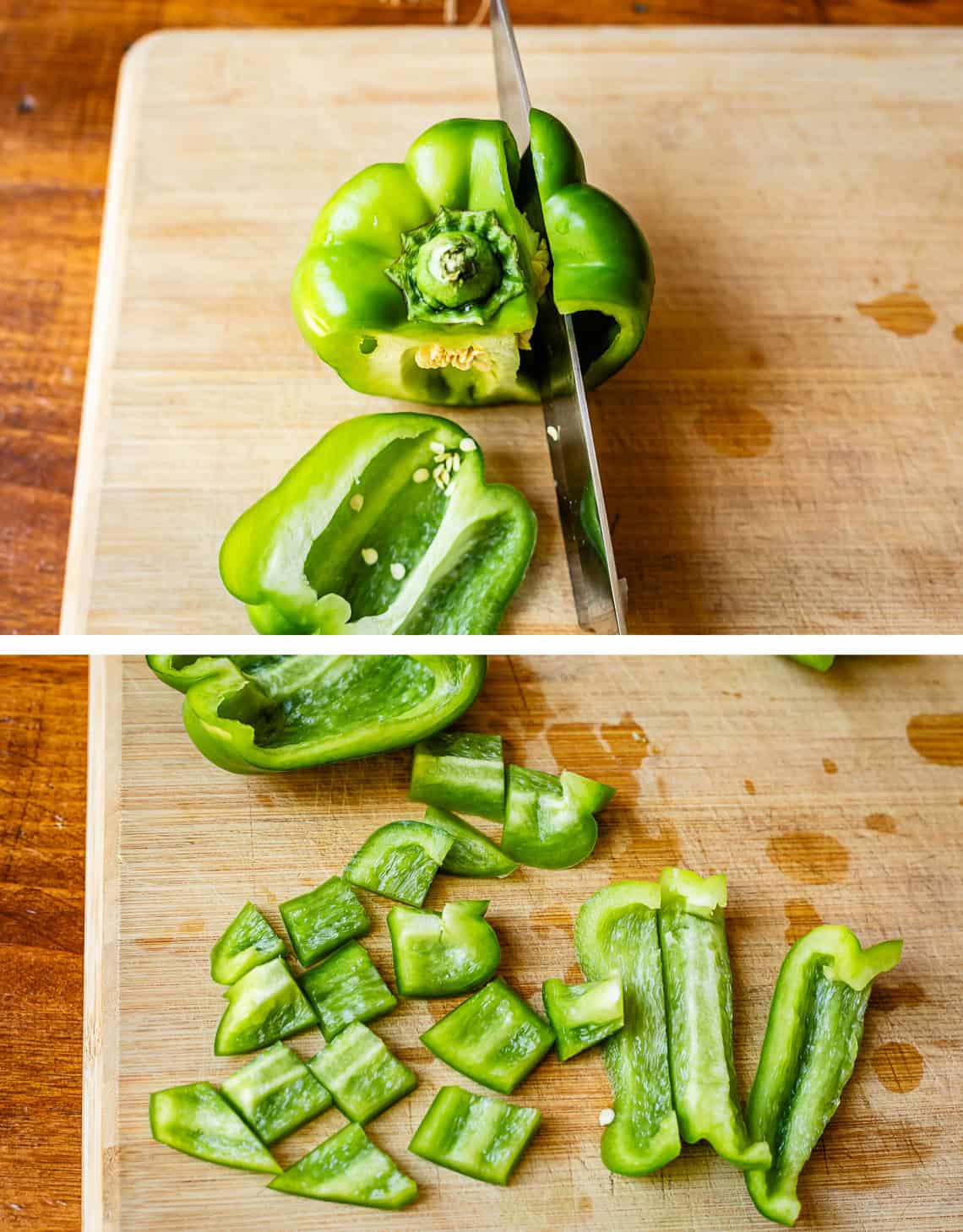 top: chefs knife cutting a second slice off a bell pepper; bottom: slices cut into pieces.