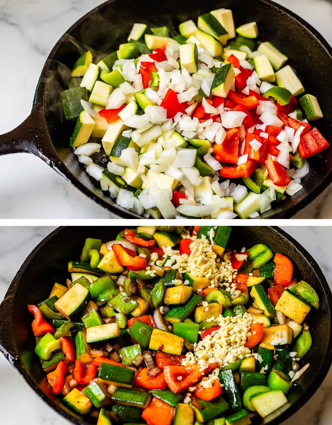 top: cast iron skillet with raw veggies in it; bottom: seared veggies with garlic added on top.