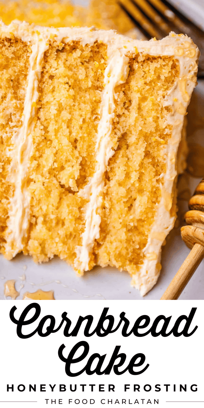 pinterest image of cake with text "cornbread cake honeybutter frosting".