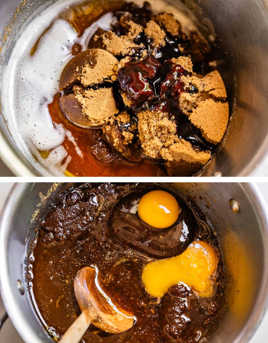 top: mixing bowl with ingredients for cookies; Bottom: wooden spoon stirring ingredients.