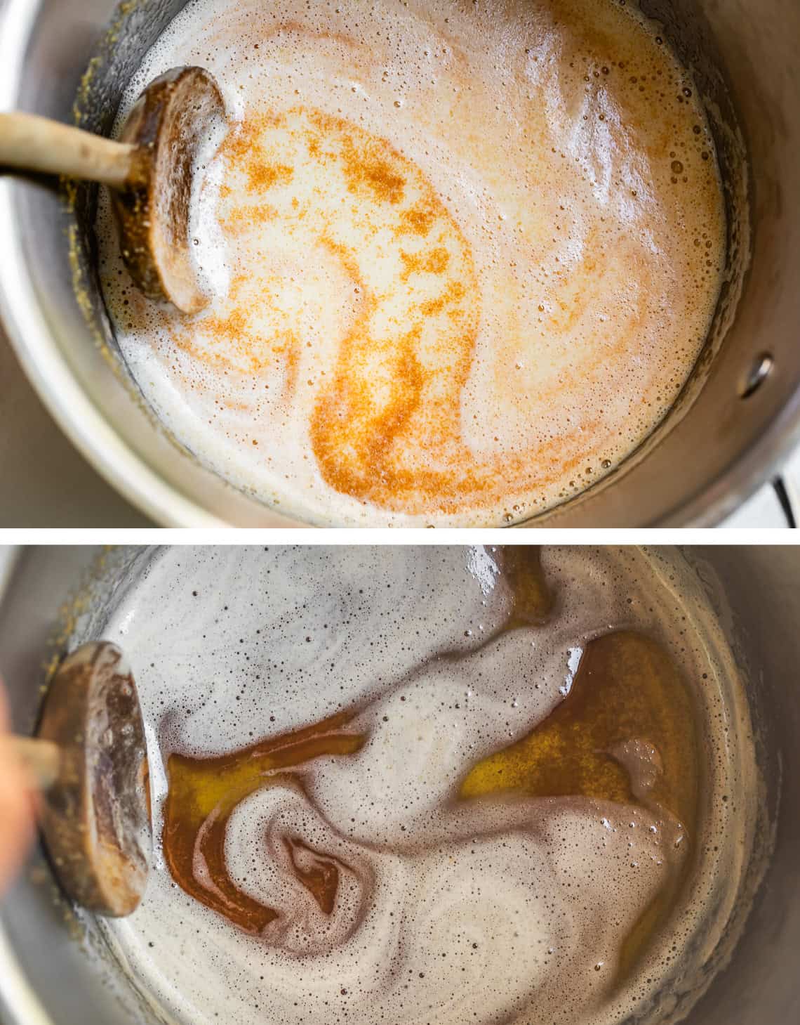 top: foamy brown butter in pot, bottom: wooden spoon stirring brown butter.