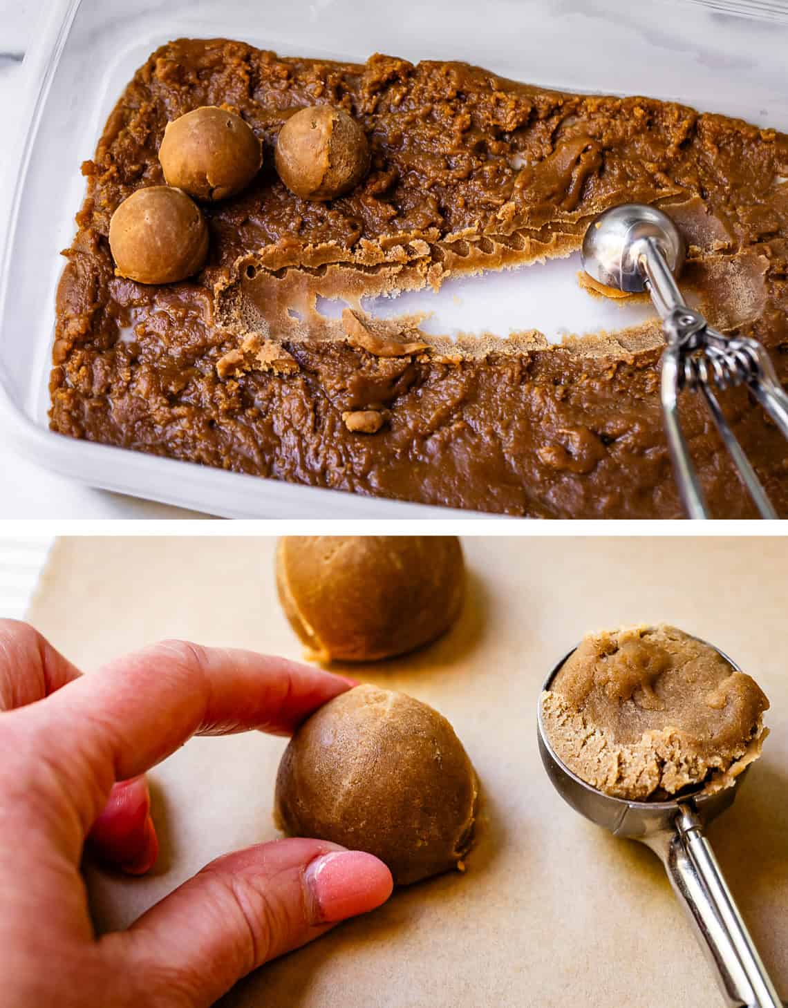 top: cookie scoop in a tub of cold dough; bottom: finger and thumb moving cookie dough ball.