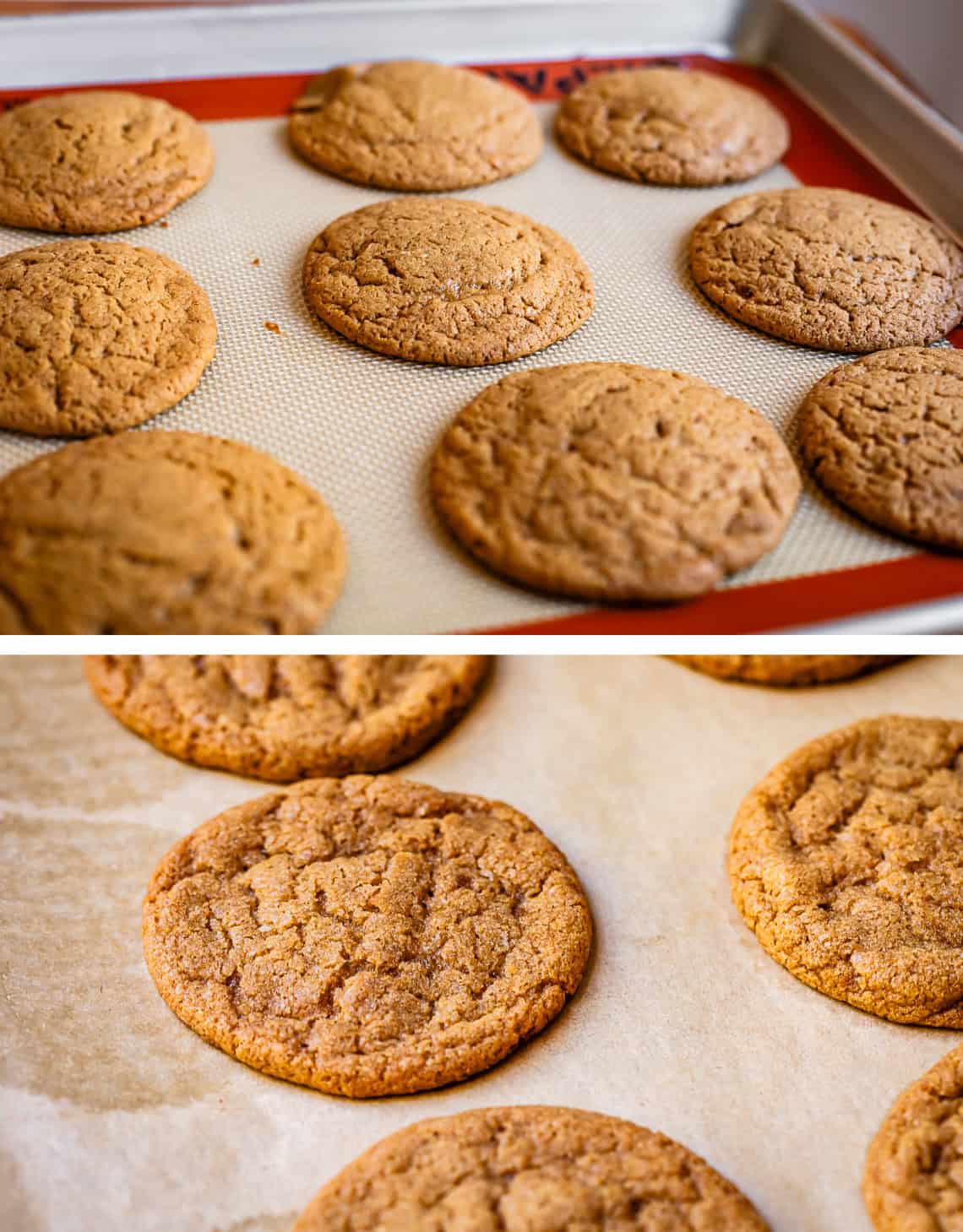 top: fresh baked cookie with slightly puffy tops; bottom: cooled cookies that are flat.