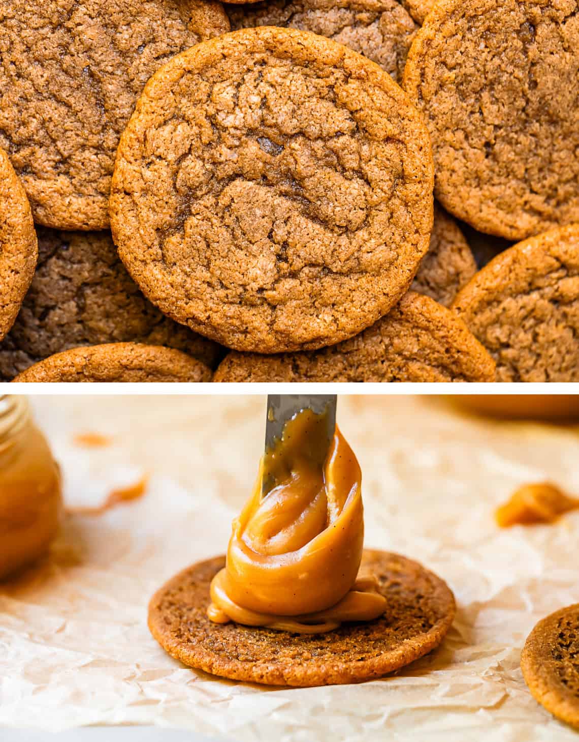 top: perfectly flat and round cookie; bottom: knife dolloping caramel onto cookie bottom.