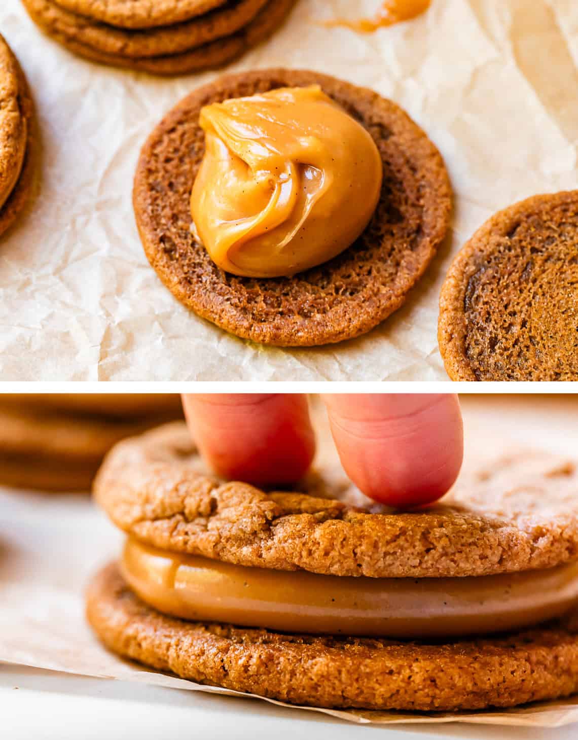 top: cookie with caramel on it; bottom: fingers pushing down second cookie on caramel.