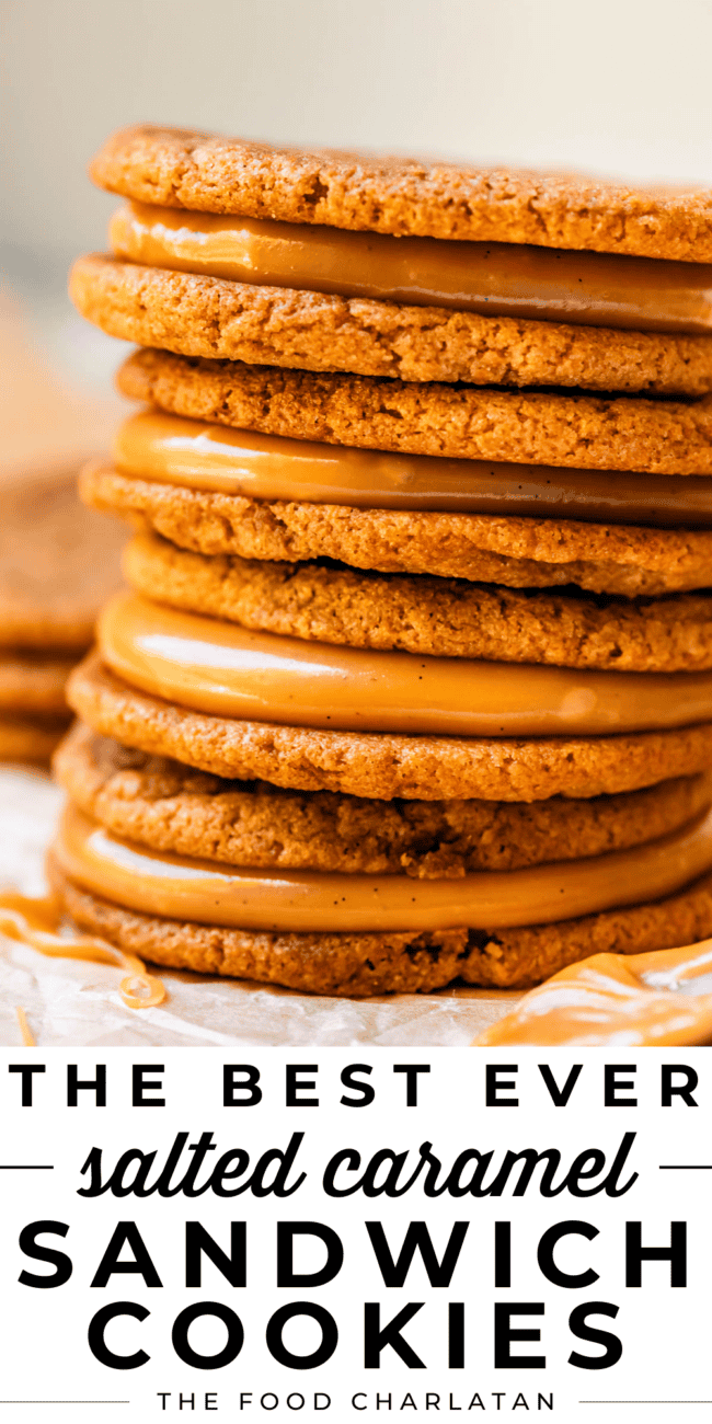 pinterest image of cookies with text "the best ever salted caramel sandwich cookies".