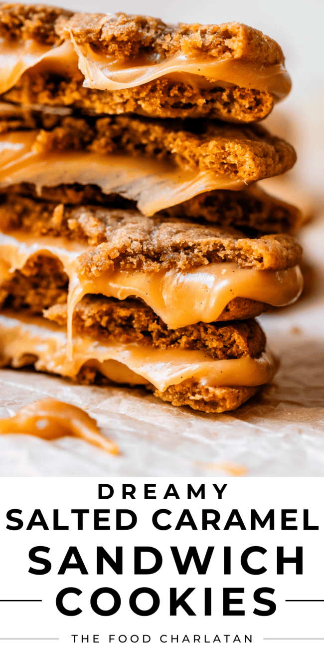 pinterest image of cookies with text "dreamy salted caramel sandwich cookies".