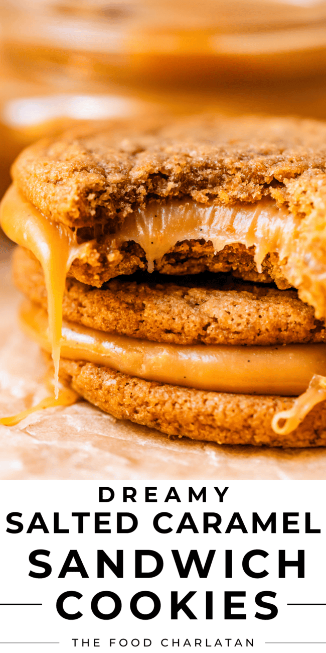 pinterest image of cookies with text "dreamy salted caramel sandwich cookies".