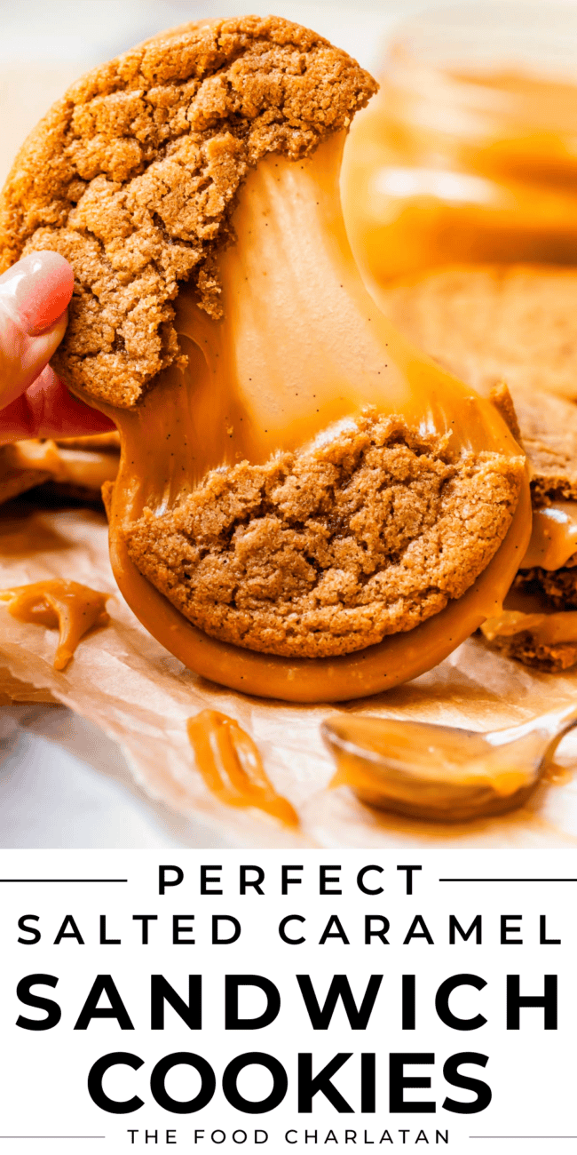 pinterest image of cookie with text "perfect salted caramel sandwich cookies".