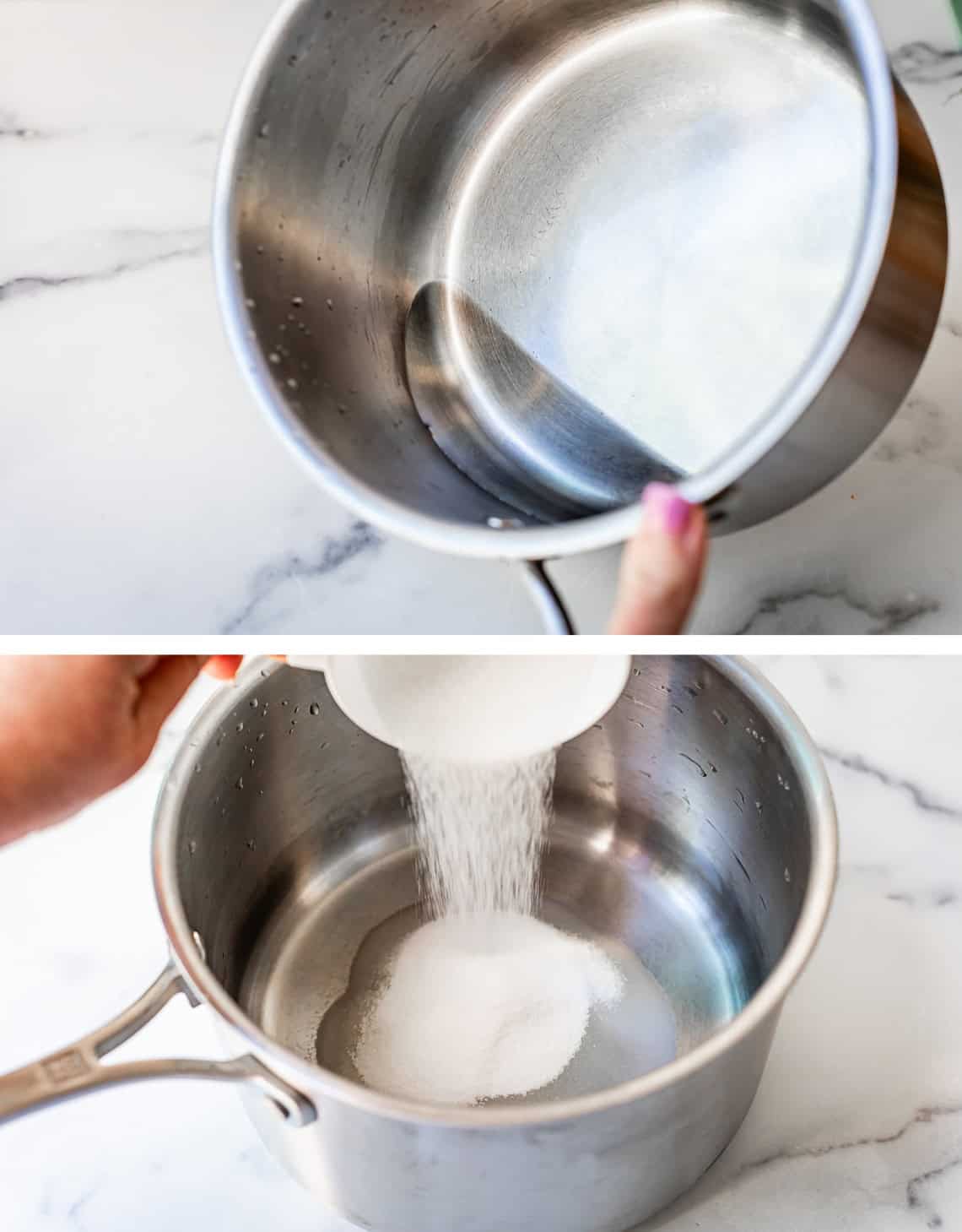 top: water in a metal pot; bottom: pouring sugar into the water.