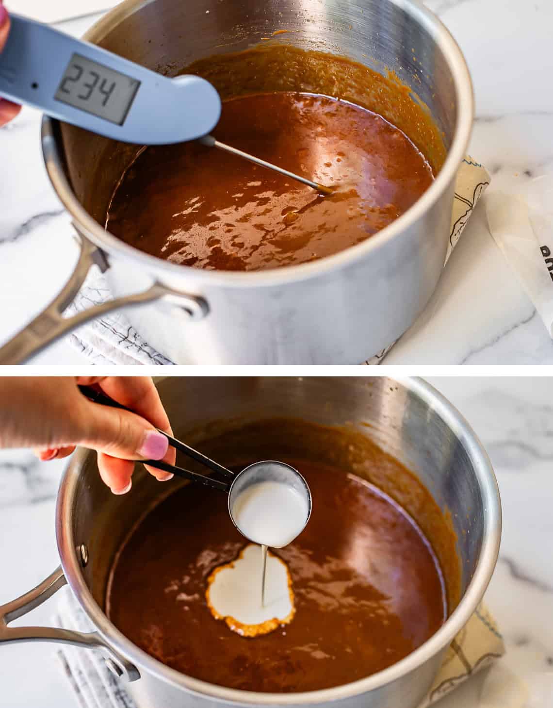 top: using instant read thermometer to measure temperature, bottom adding in cream.