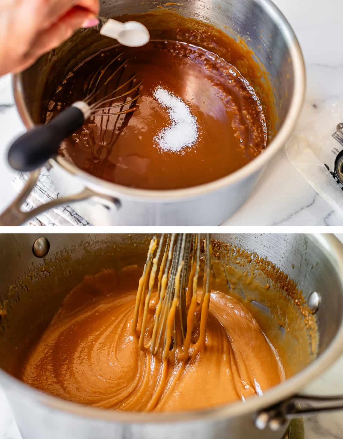 top adding in salt; bottom stirring it into caramel sauce.