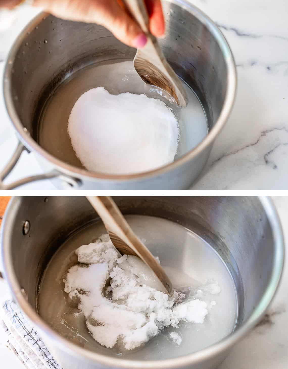 top: using a spoon to keep sugar in center; bottom: stirring sugar into water in center.