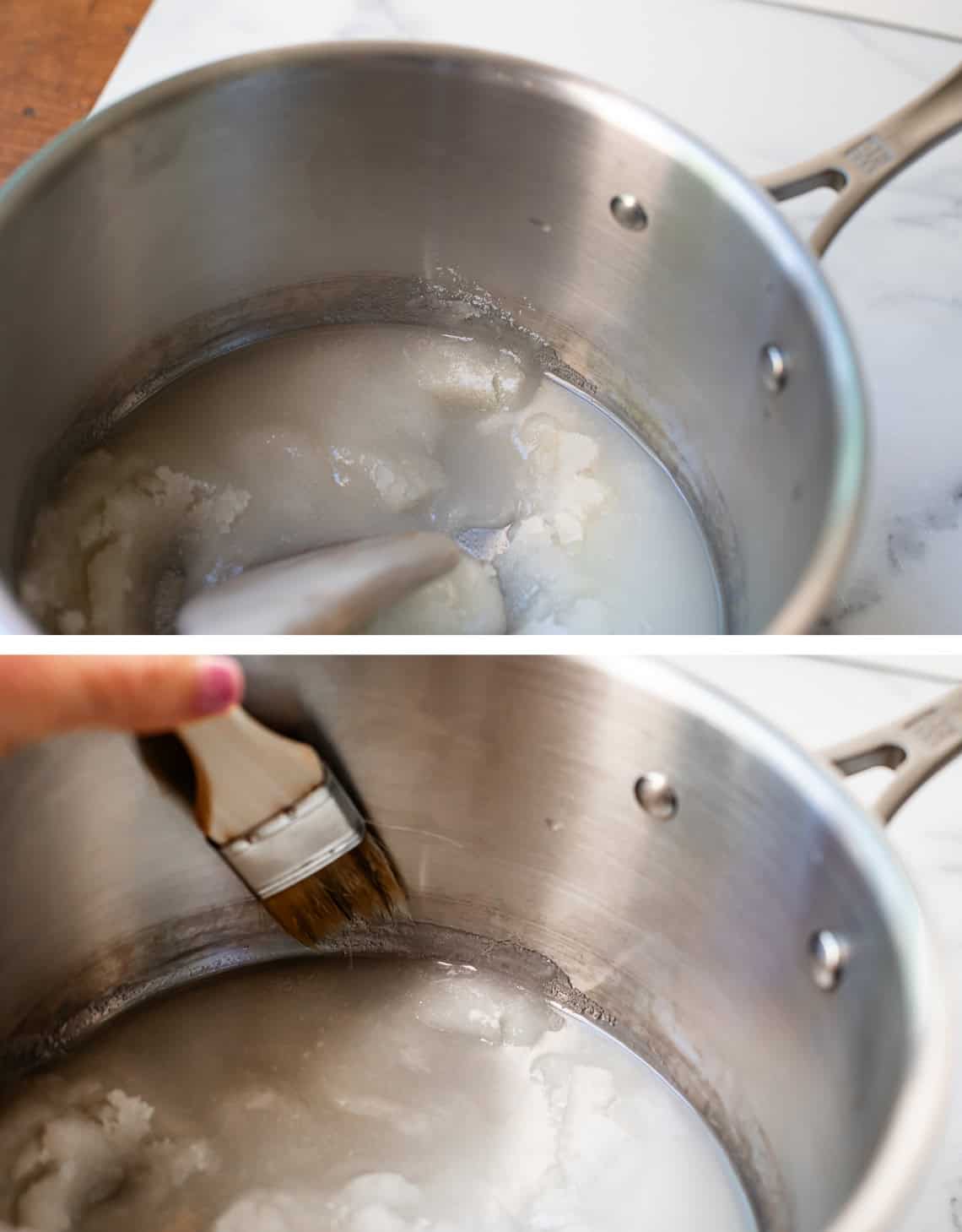 water and sugar mixed in metal pot; bottom: using pastry brush to keep sugar from crystalizing.