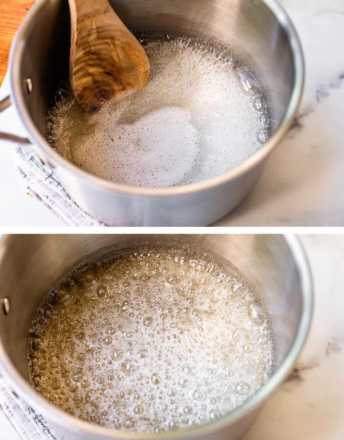 top: wooden spoon stirring boiling sugar syrup, bottom, syrup at full boil.