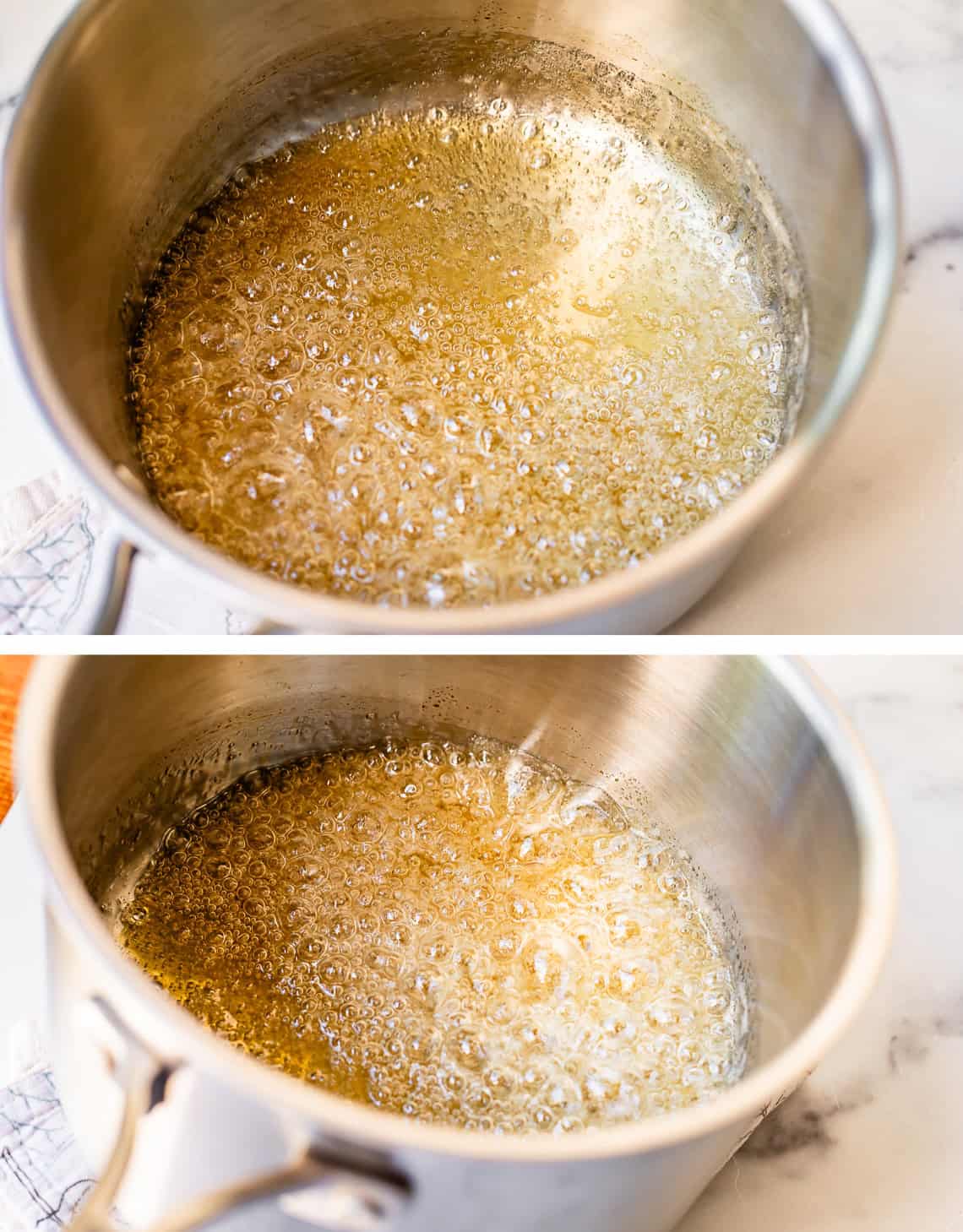 two images showing the caramel starting to turn a light amber color.