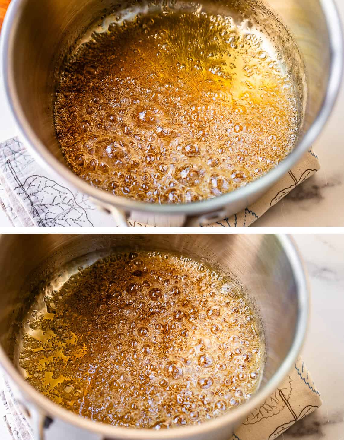two images showing the caramel turn a deeper amber color as it boils.