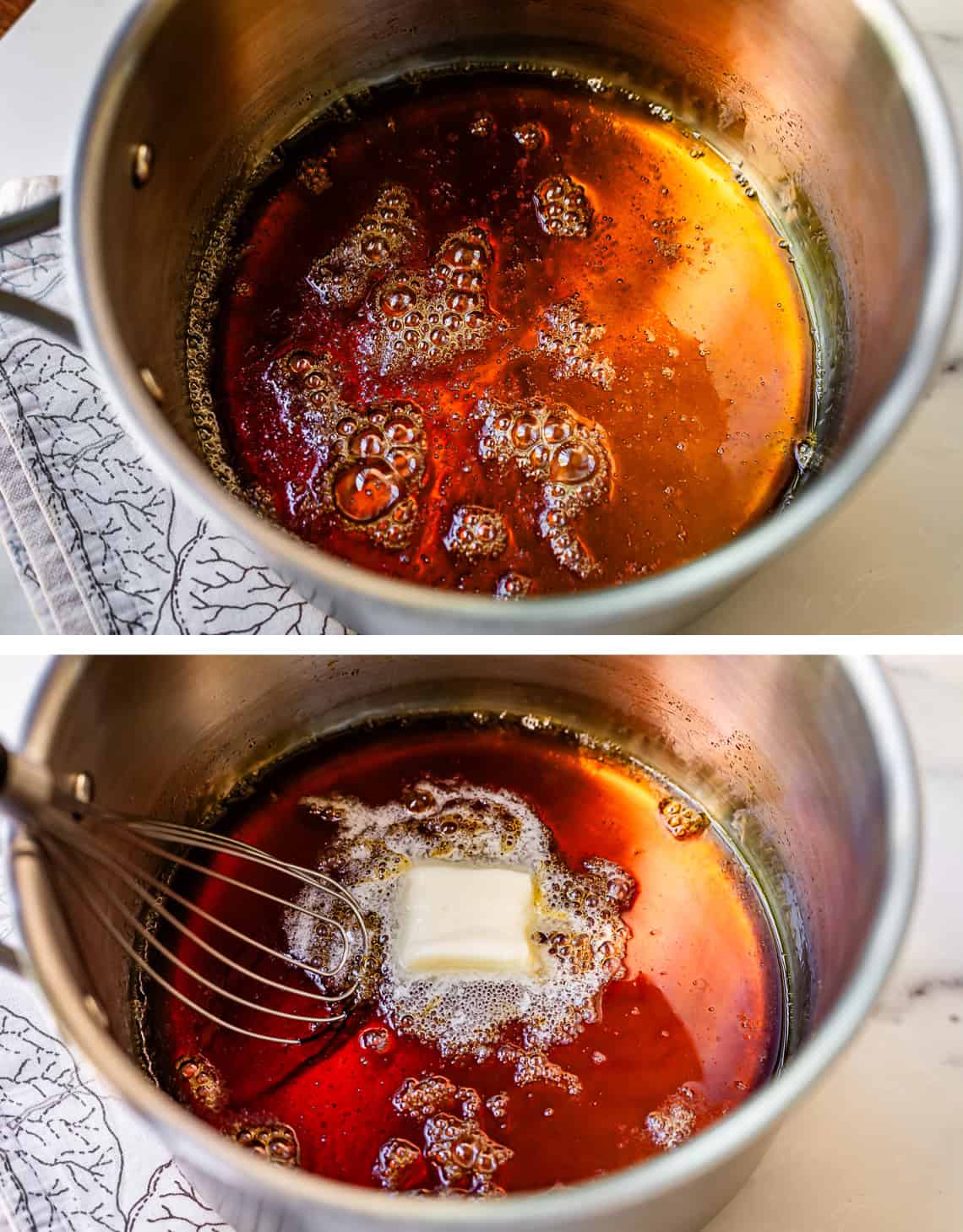 top deep amber color caramel, bototm pat of butter added to caramelized sugar.