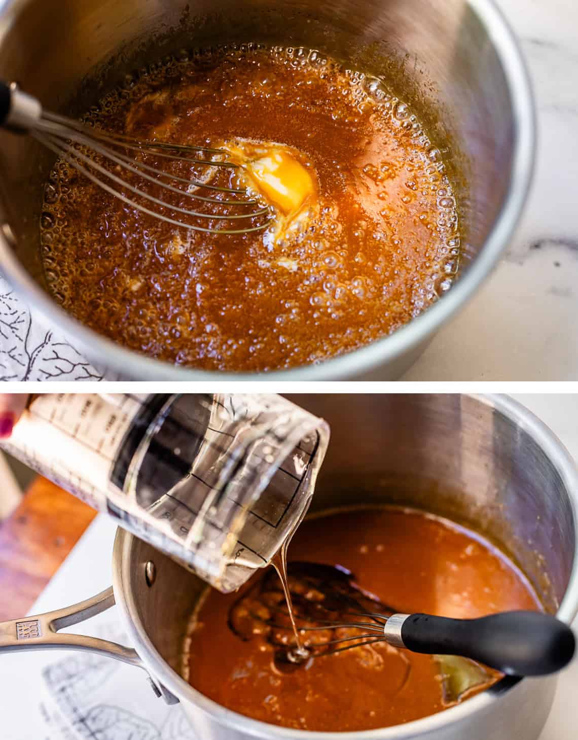 top: flat whisk stirring butter into caramel, bottom, adding in corn syrup to prevent graininess.