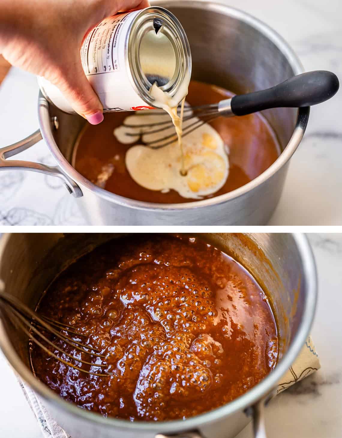 top: hand pouring evaporated milk into caramel, bottom stirring it in.
