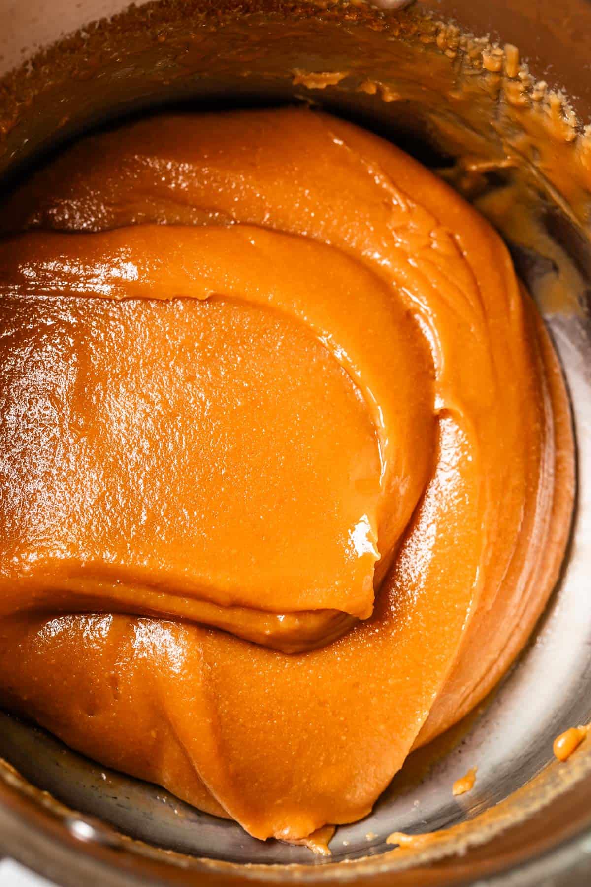 Salted caramel in a metal bowl.