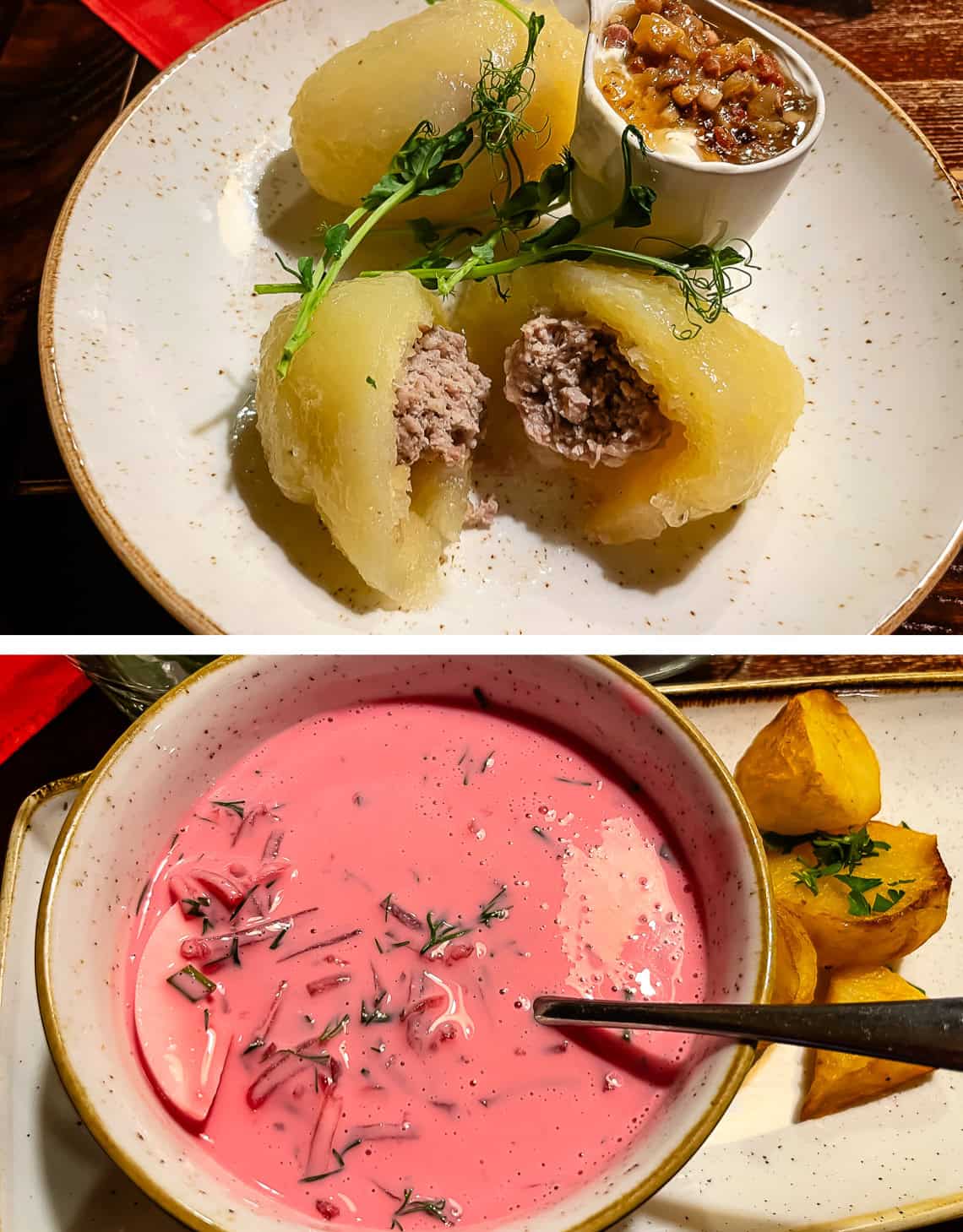 potato dumplings with meat, cold beet soup.