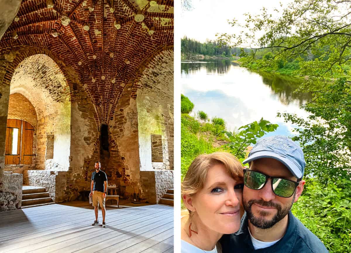 inside of a castle, man and woman in front of a lake.