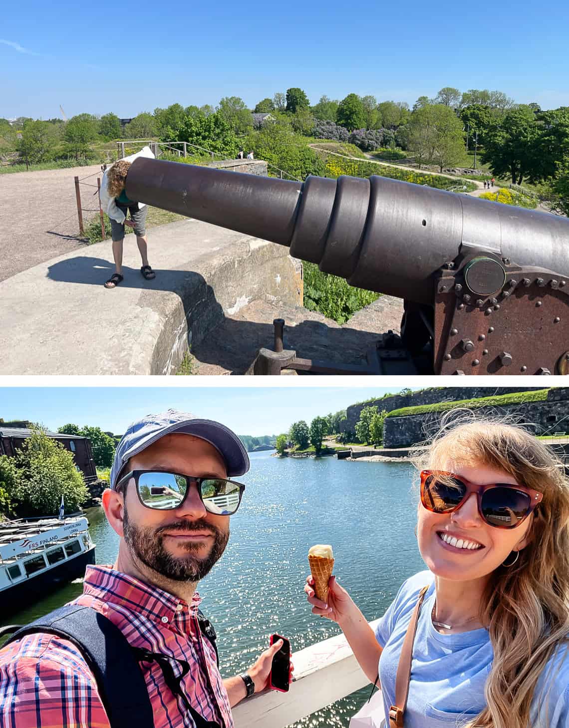 woman with head in a cannon, man and woman with ice cream cone.