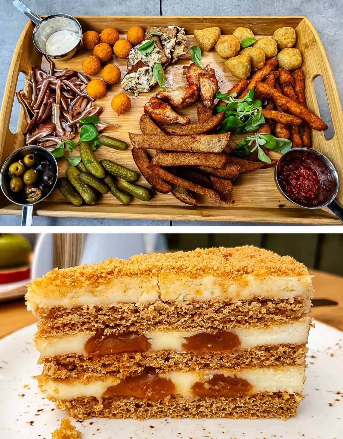 appetizer platter, caramel cake.