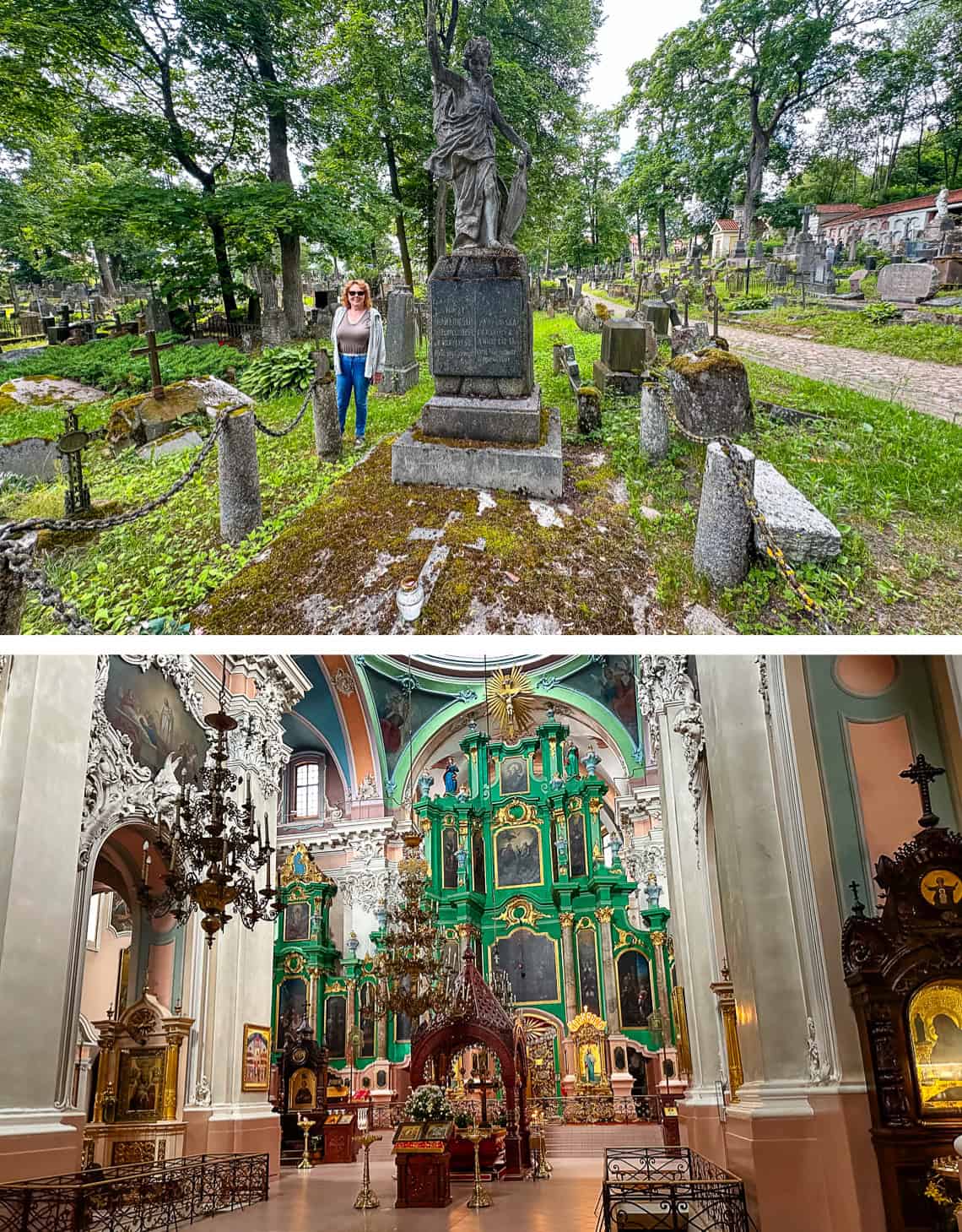 woman at cemetery, inside of orthodox church.