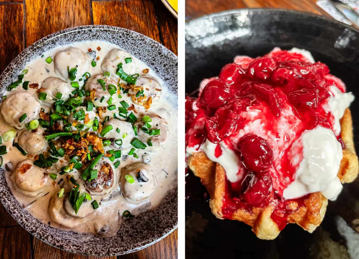 meat dumpling and cherry waffle.