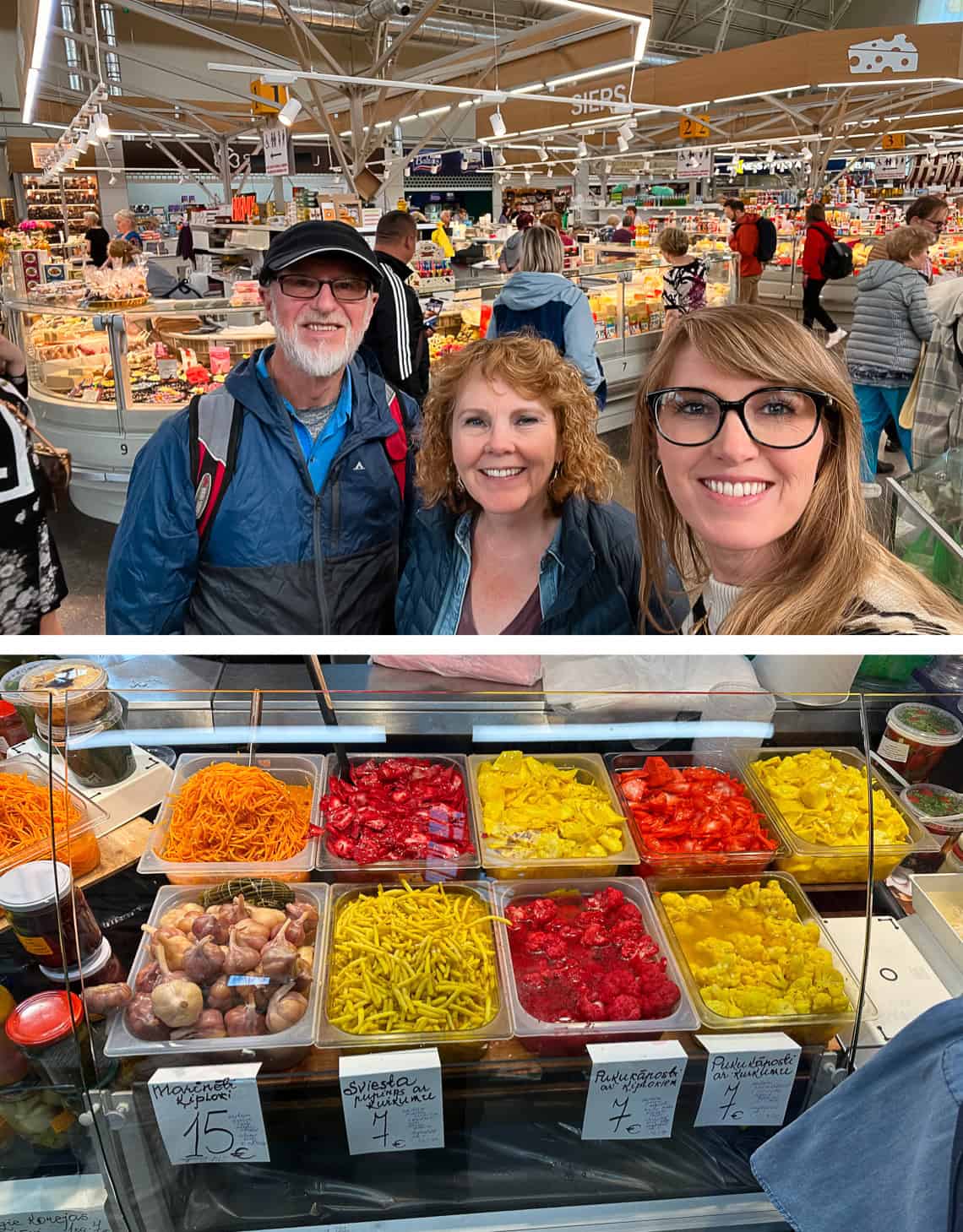 3 people standing at a farmers market. pickled veggies.