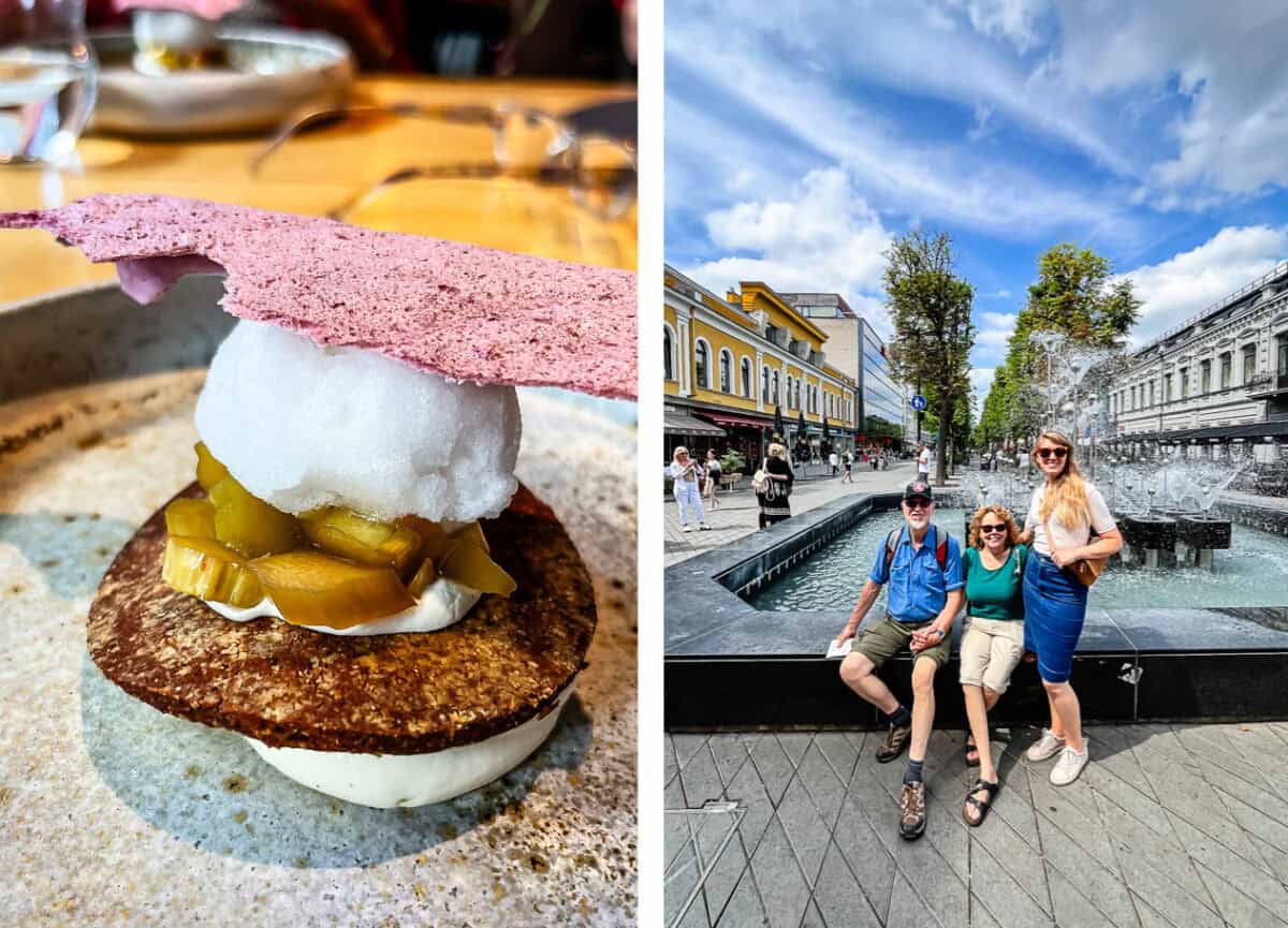 rhubarb dessert, man and two women standing by fountain.