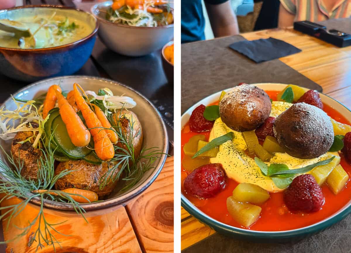 potatoes with carrots and dill, rhubarb dessert.