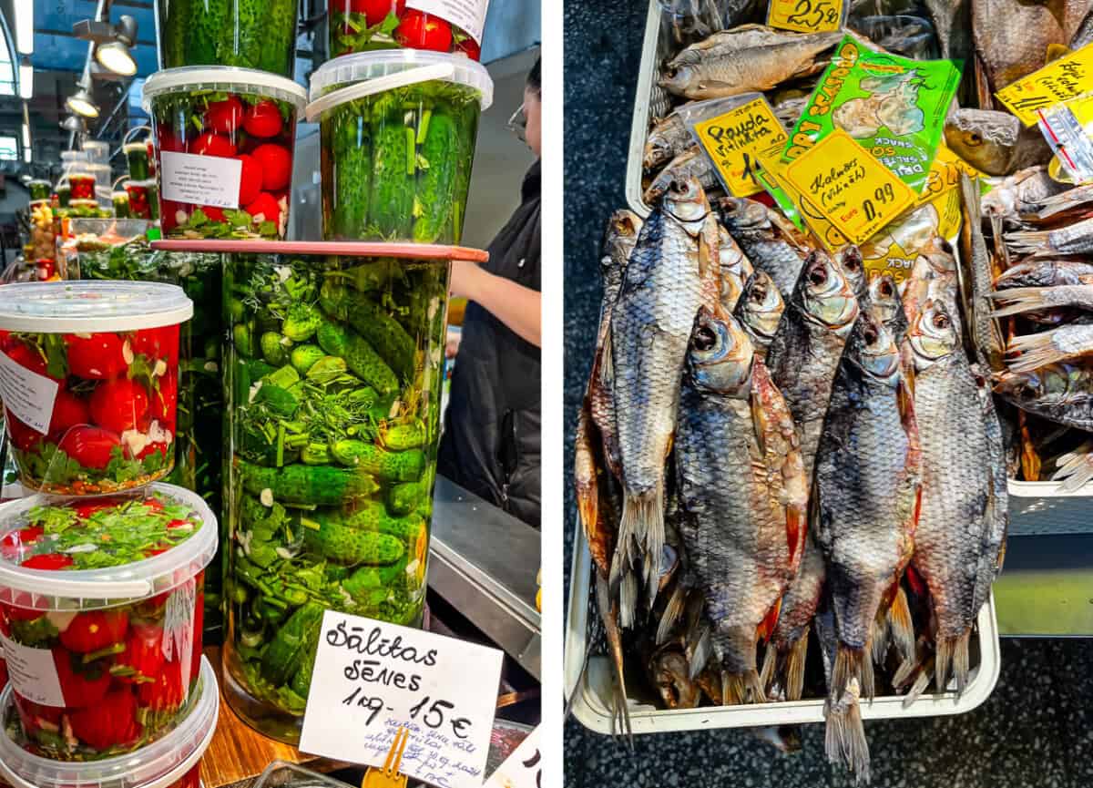 pickled veggies, fish for sale.
