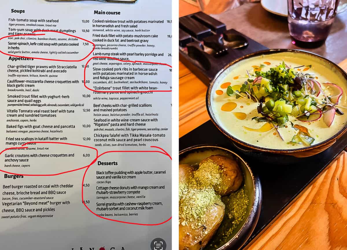 menu, green soup.